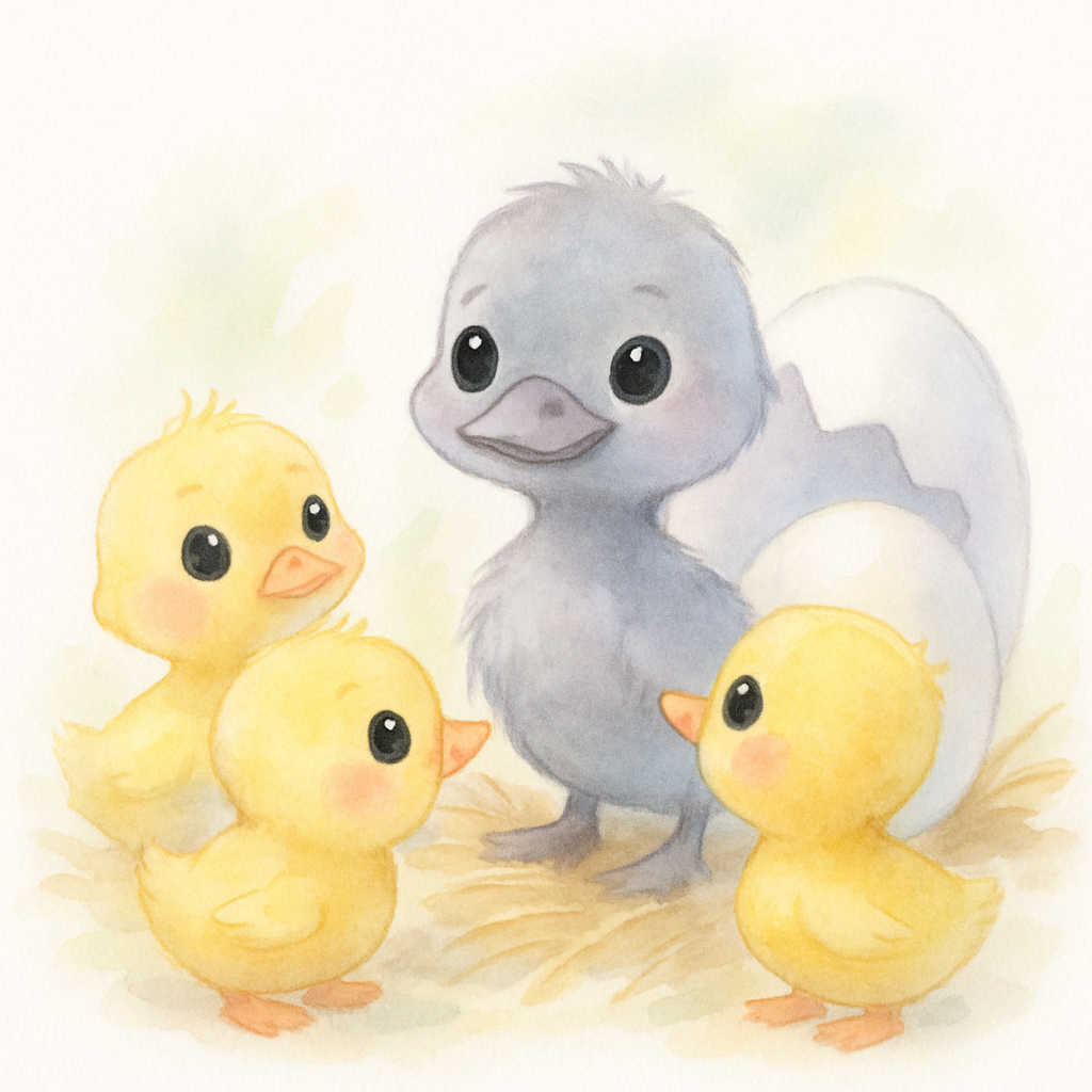 큰 알에서 회색 아기 새가 태어나고, 노란 오리 형제들과 다른 모습을 보이는 장면